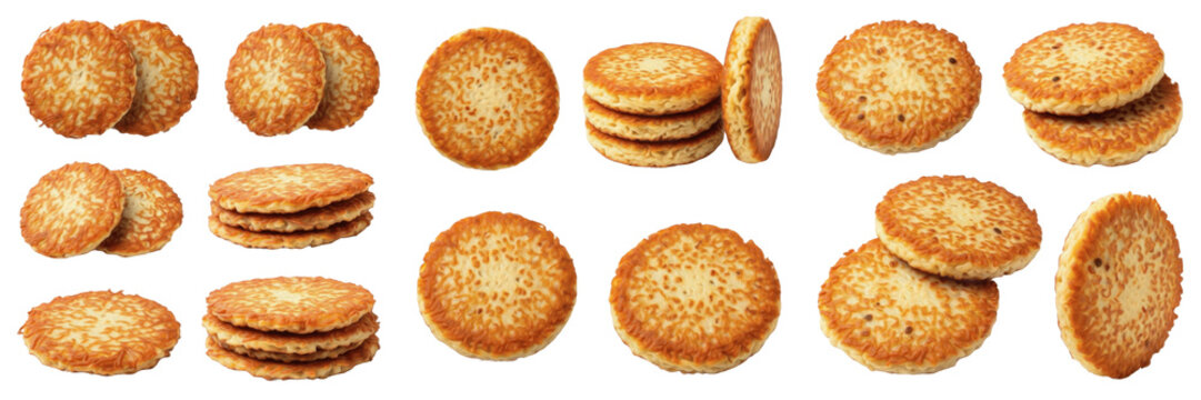 Set and collection of crispy potato pancakes, fried hash browns, traditional latkes or draniki vegetable fritters isolated on white transparent PNG background