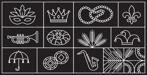 Collection of Mardi Gras icons and symbols in a clean, modern line art style on a black background. © Riki