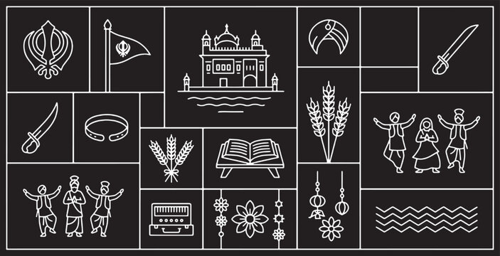 Collection of Sikh cultural symbols and traditions depicted in a line art collage on a black background.