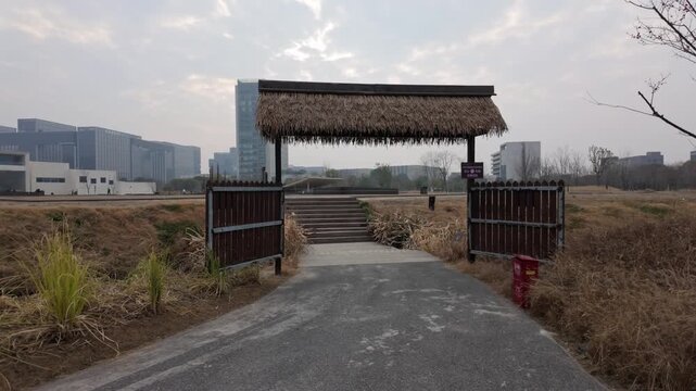 Thatched porch of Yujiashan Museum Park in Linping, Hangzhou