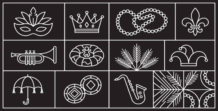 Collection of Mardi Gras icons and symbols in a clean, modern line art style on a black background.