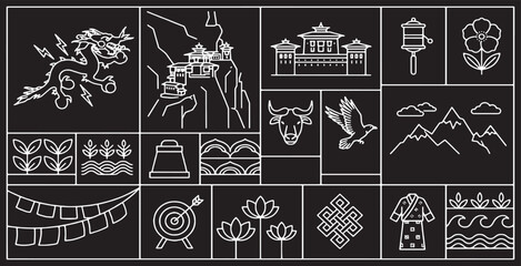 Bhutanese cultural symbols and landmarks presented in a graphic collage with a white line art style on a black background. © Riki