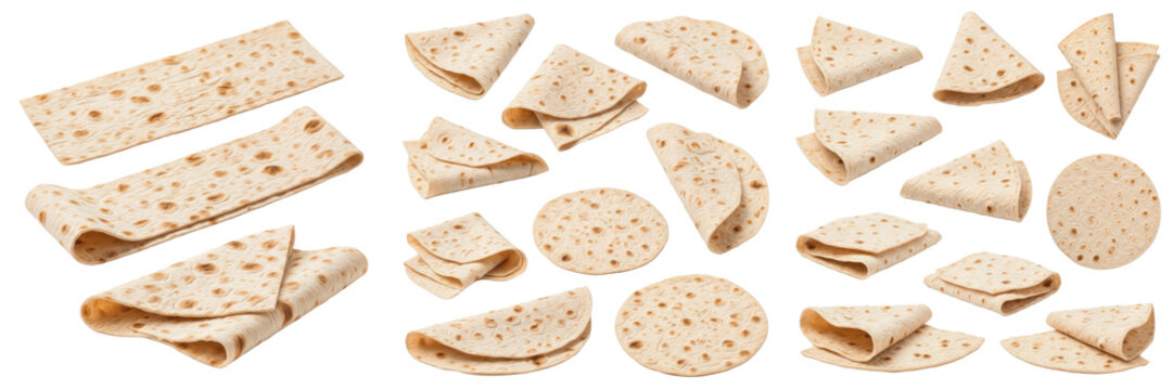 Set and collection of fresh traditional lavash flatbread and pita bread pieces isolated on white transparent png background