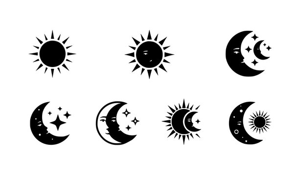 Sun and moon celestial icons day night sky symbols vector illustration set