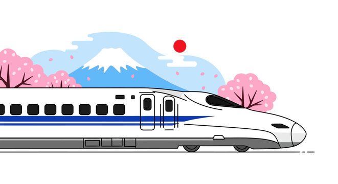 Japanese Shinkansen Bullet Train with Mount Fuji and Cherry Blossoms