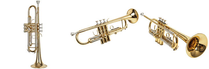 Professional Golden Brass Trumpet Musical Instrument Isolated on White Background, Triple Angle View of Classic Orchestral Trumpet with Silver Valves and Mouthpiece Performance Assets © Sorat