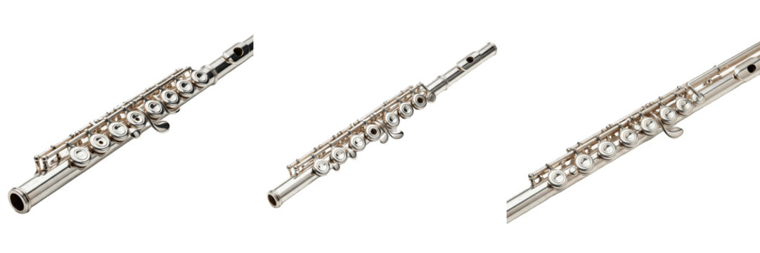 Professional Silver Flute Woodwind Musical Instrument Isolated on White Background, Triple Angle View of Classic Transverse Flute with Silver Keys for Orchestral and Solo Performance Assets
