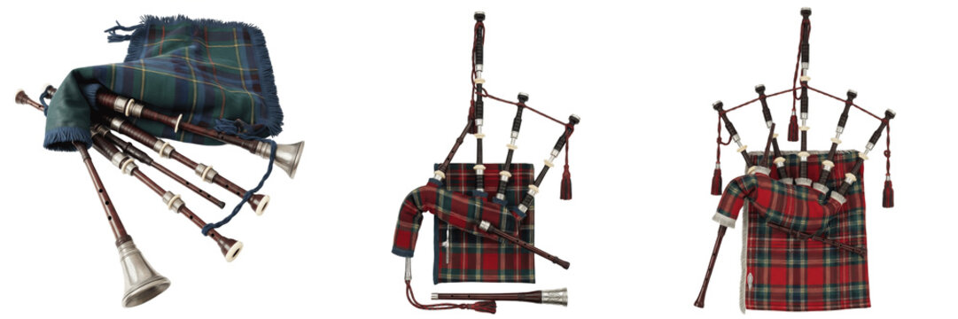 Traditional Scottish Bagpipes with Tartan Pattern Isolated on White Background, Triple Angle View of Highland Woodwind Musical Instrument, National Great Highland Bagpipe Equipment