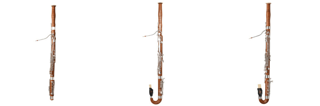 Professional Woodwind Bassoon Collection in Triple Angle View, Traditional Mahogany Musical Instrument Set with Silver Keys and Bocal Isolated on White Background Realistic 3D Render
