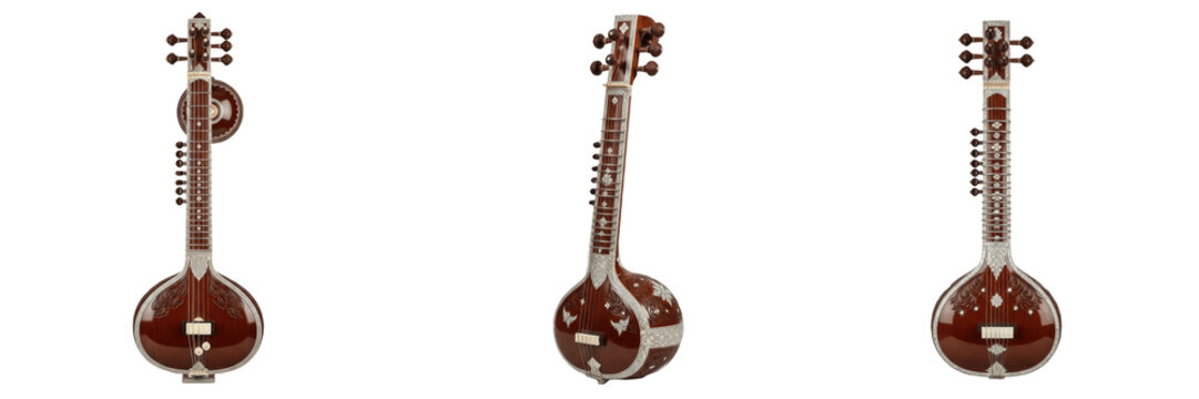 Traditional Indian Sitar Collection in Triple Angle View, Classic Stringed Musical Instrument Set with Inlay Work and Gourd Resonator Isolated on White Background Realistic 3D Render