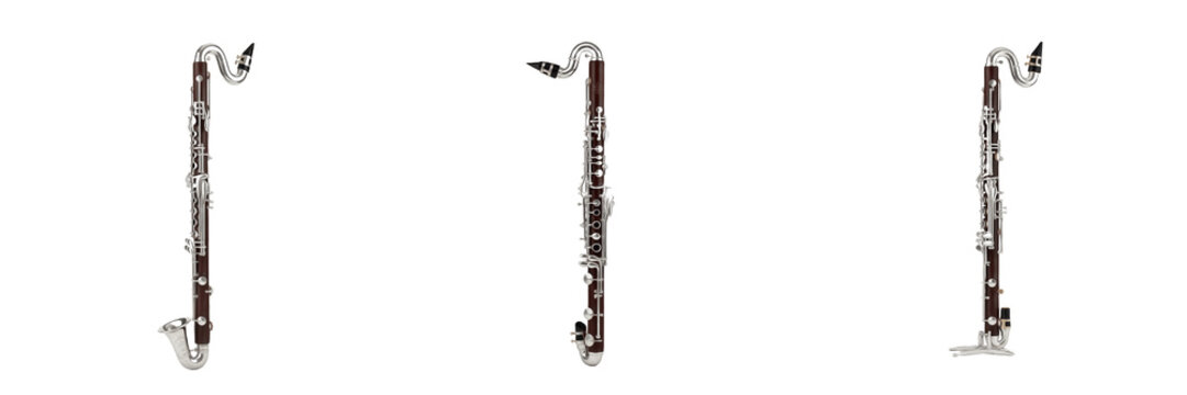 Professional Bassoon Musical Instrument Collection in Triple Angle View, Classic Woodwind Set with Chrome Keys and Bocal Isolated on White Background Realistic 3D Render Illustration