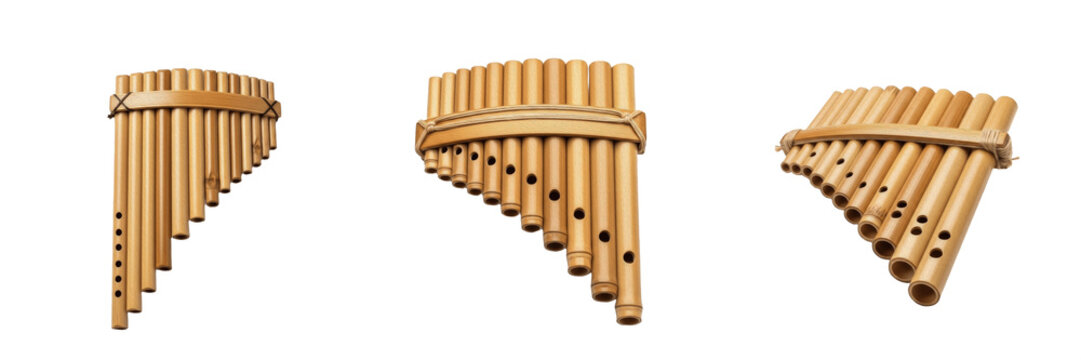 Traditional Bamboo Pan Flute Collection in Triple Angle View, Wooden Panpipes Musical Instrument Set for Folk and Ethnic Music Isolated on White Background Professional 3D Render