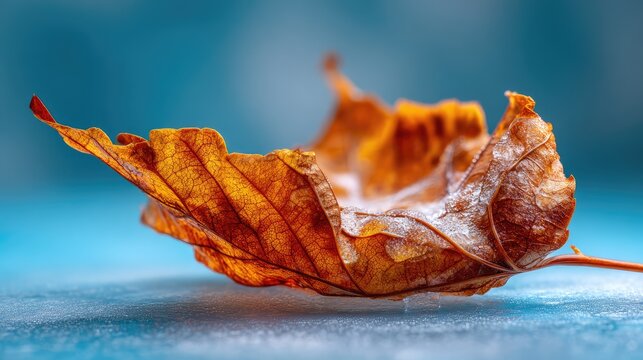 Close-Up of a Frosted Autumn Leaf Showing Intricate Veins and Textures on a Soft Blue Background Enhancing the Beauty of Nature's Transition