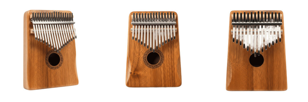 Traditional Wooden Kalimba Collection with Steel Tines in Triple Angle View, African Thumb Piano Musical Instrument Set for Meditation and Folk Music Isolated on White Background