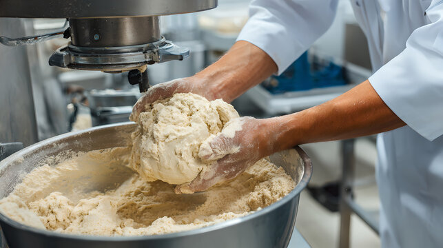 Large professional dough mixer kneading raw bread ball in a clean bakery
