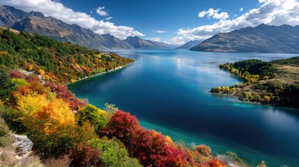 Fototapeta premium Breathtaking Autumn Landscape View with Vibrant Foliage Overlooking Serene Lake and Majestic Mountain Range in Queenstown, New Zealand's Picturesque Nature Scene