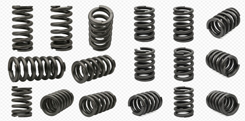 Set of various metal compression springs for industrial mechanisms and machinery, isolated on a transparent background.