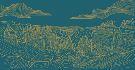 Stylized illustration of a vast canyon landscape with layered rock formations and flowing water patterns under a cloudy sky. © Riki