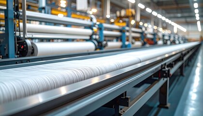 Automated textile manufacturing line with white fabric rolling through industrial machinery in a modern factory setting