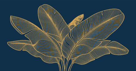 Elegant golden outline of banana leaves on a deep blue background, minimalist botanical illustration. © Riki