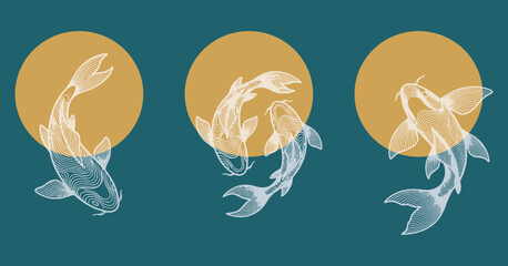 Three stylized koi fish swimming in a circular motion against a teal background with golden circles.