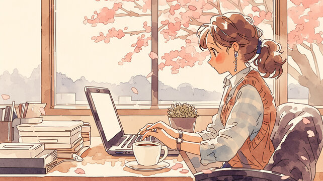 桜の咲く窓辺でノートパソコンを使いながら作業する女性のワークシーンイラスト、カフェ風デスク、コーヒー、春の在宅ワーク、リモートワーク、勉強、ブログ執筆、ライフスタイル、作業時間、仕事環境、デジタルライフ、デスクワーク、癒やしの春のワークスペース背景素材