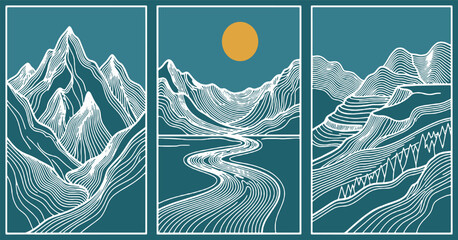Abstract Triptych of Stylized Mountain Landscapes with a River and Sun. © Riki