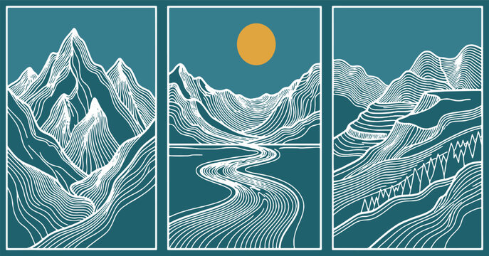 Abstract Triptych of Stylized Mountain Landscapes with a River and Sun.