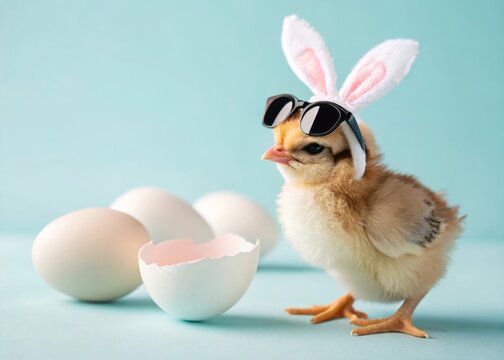 Cute Chicken with Bunny Ears and Sunglasses Beside Broken Egg on Blue Background