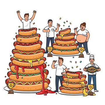 Hot Dog Eating Contest Champions Celebrate Victory with Giant Hot Dog Towers and Trophies