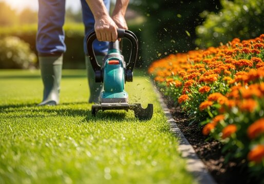Man using electric edger on green lawn with orange flowers