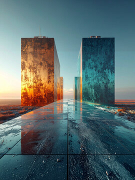 Columns rise toward sky. Perspective creates scale. Sun hits concrete surface. Texture defines material. Structure reaches height. Angle provides depth. View shows geometry. Architecture forms spaces.