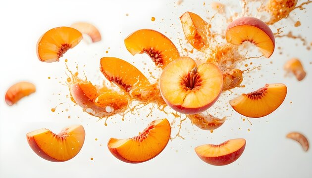 Fresh peach slices flying in the air, dynamic fruit motion, isolated on white background, high speed photography, juicy texture, ultra realistic, 8k commercial food concept