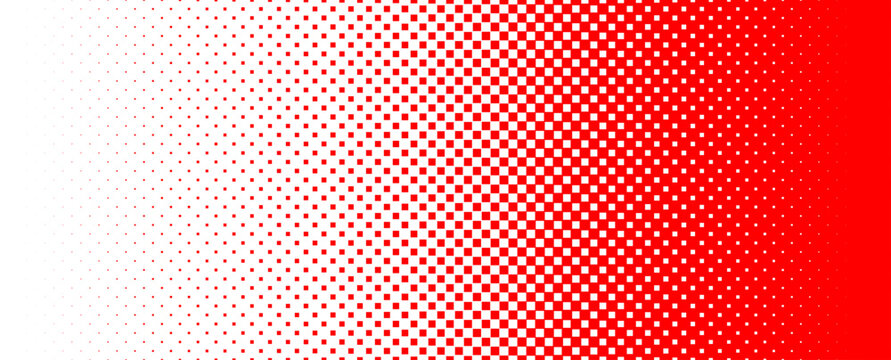 Square pixel halftone gradient texture. Fading checkered gradation wallpaper. Abstract vanishing comic pop art backdrop. Red and white squared dot background. Vector repeated raster effect overlay