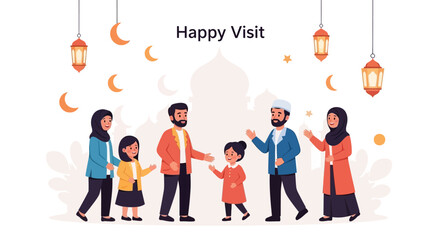 Fototapeta premium Illustration of a diverse family gathering in a festive setting with Eid Mubarak decorations and lanterns, conveying a joyful and traditional atmosphere.