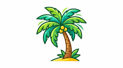 Obraz premium Vibrant cartoon illustration of a solitary palm tree with coconuts, set against a clean white background, evoking tropical themes and summer vibes