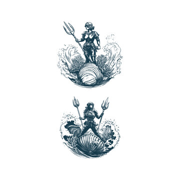 Vintage hand drawn illustration of a female diver holding a trident standing on a giant seashell amidst ocean waves.