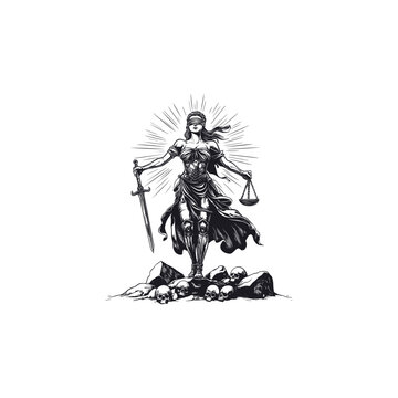Vintage style illustration of Lady Justice holding scales and a sword standing on a pile of skulls with a sunburst background.
