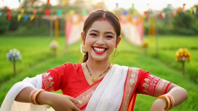 Smiling woman in traditional Assamese attire performing Bihu dance outdoors during festival with vibrant background