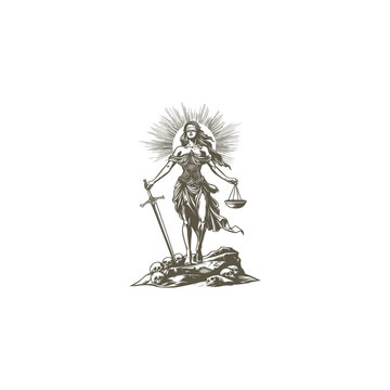 Vintage style illustration of Lady Justice holding scales and a sword standing on a pile of skulls with a sunburst background.