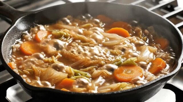 Savory vegetable stew simmering in a cast iron skillet on a gas stove top with steam
