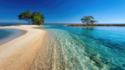 Obraz premium Tranquil Tropical Shoreline with Crystal Clear Water and Sandy Beach, Featuring Lush Greenery and a Peaceful Environment Under a Bright Blue Sky