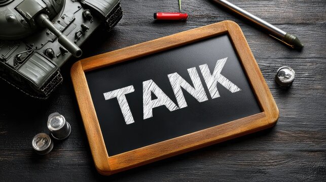 Military tank model with wooden frame chalkboard displaying the word "TANK" in a creative font on a dark wooden surface, showcasing themes of warfare and defense