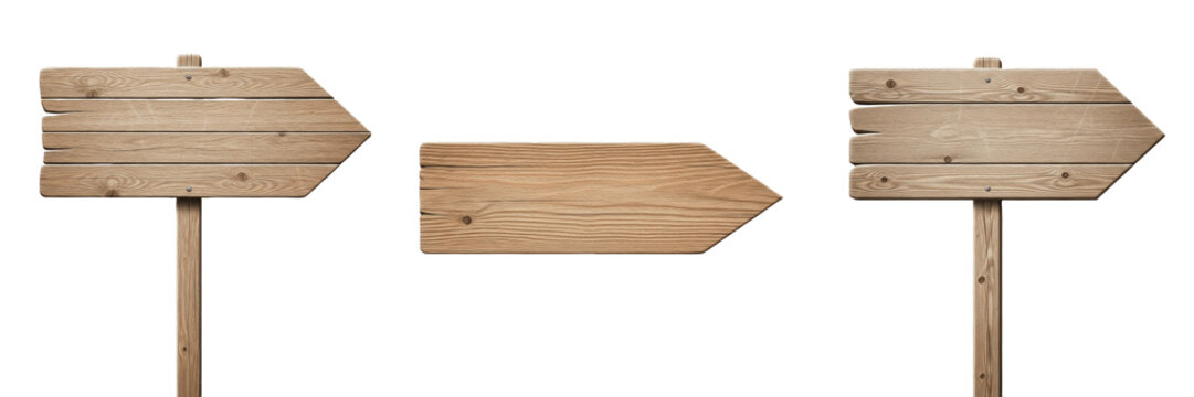 Blank Wooden Arrow Sign Set, Rustic Wood Directional Planks Collection for Wayfinding, Realistic 3D Render Decorative Timber Signboards Isolated on White Background for Information