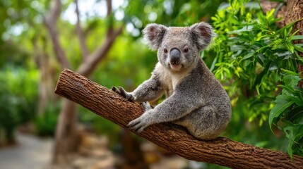 Fototapeta premium Adorable koala sitting on a tree branch surrounded by lush green foliage in a natural habitat, capturing the beauty and charm of Australian wildlife in a peaceful setting.