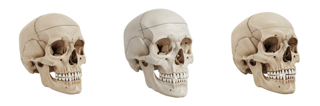 Human Skull Anatomy Set with Cranium, Jawbone, and Dental Detail. Professional Medical Illustration of the Head Skeletal System for Healthcare, Science, and Education Graphics.