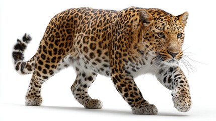 Naklejka premium Majestic Leopard with Stunning Spots Walking Gracefully Against a White Background, Showcasing its Powerful Build and Gorgeous Fur Patterns