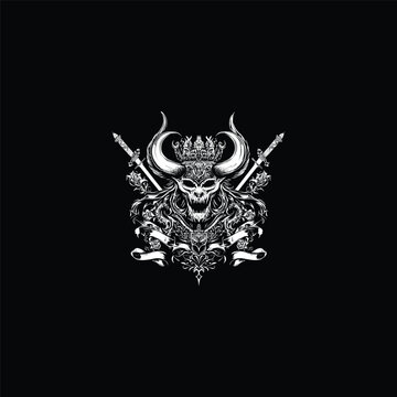 Intricate white ink illustration of a demonic crowned skull with large horns, crossed swords, and ornate floral flourishes on a solid black background.