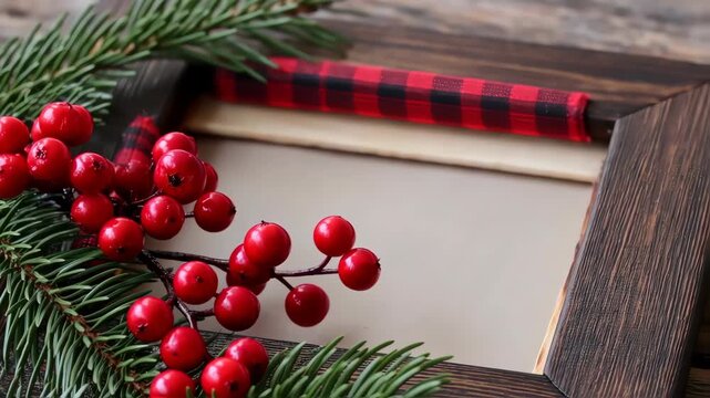 Festive Holiday Frame with Berries and Evergreen Branch.