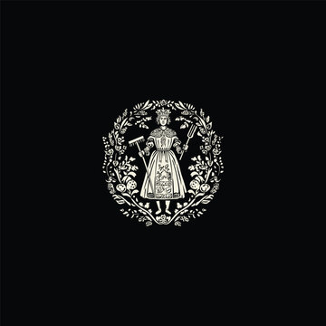 Description

Vintage-style white ink illustration of a royal gardener or queen holding agricultural tools, framed by a circular wreath of fruits and leaves on a black background.